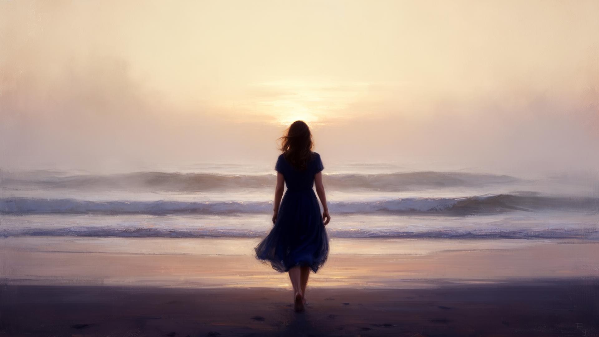 Femme marchant vers l'horizon au lever du soleil